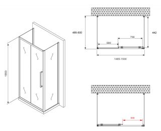 Душевой уголок ABBER Schwarzer Diamant AG30150BH-S50B-S50B 150x50см чёрный
